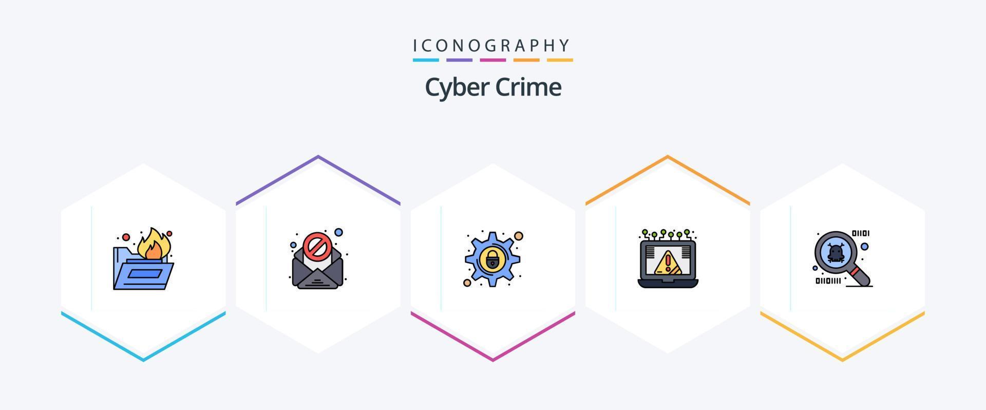 paquete de íconos de 25 líneas completas de delitos cibernéticos que incluye spyware. seguridad. cerrar con llave. aviso. delito vector