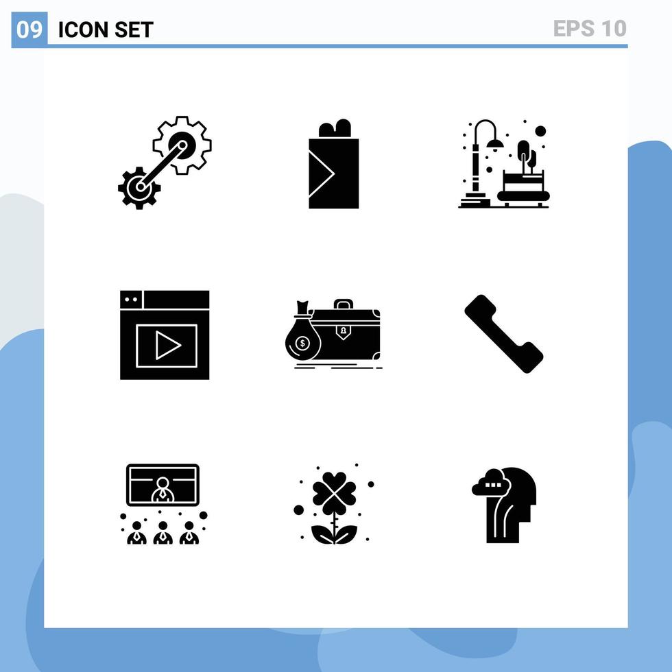 Solid Glyph Pack of 9 Universal Symbols of case briefcase moon video web Editable Vector Design Elements