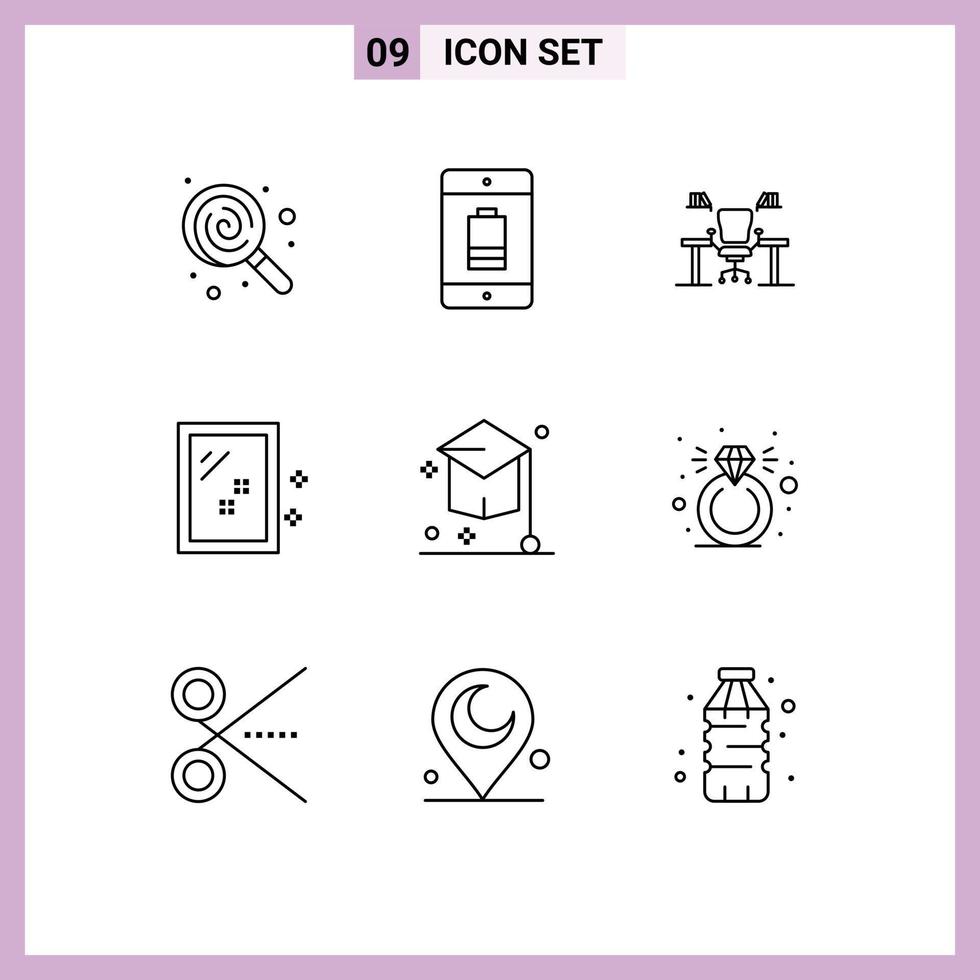 Pack of 9 creative Outlines of mirror work place mobile office computer Editable Vector Design Elements