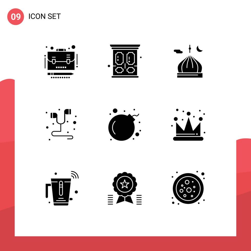 9 Thematic Vector Solid Glyphs and Editable Symbols of bomb music mosque headset pray Editable Vector Design Elements