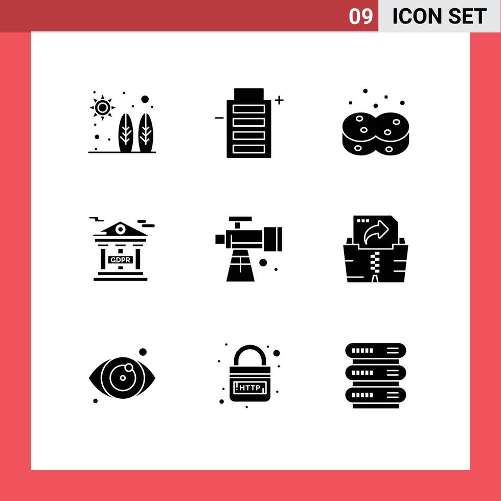 Set of 9 Commercial Solid Glyphs pack for scope gdpr clean financial information protection bank Editable Vector Design Elements