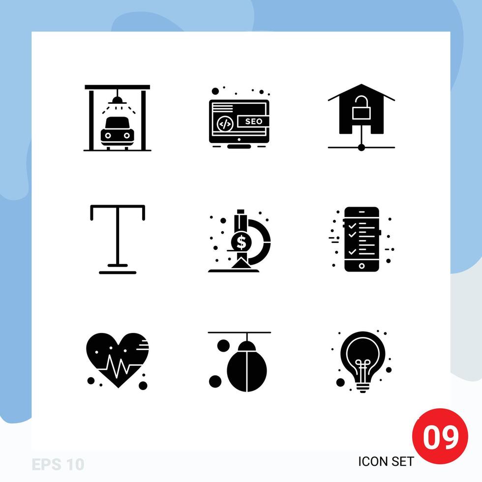 Mobile Interface Solid Glyph Set of 9 Pictograms of research fund laboratory home underline font Editable Vector Design Elements