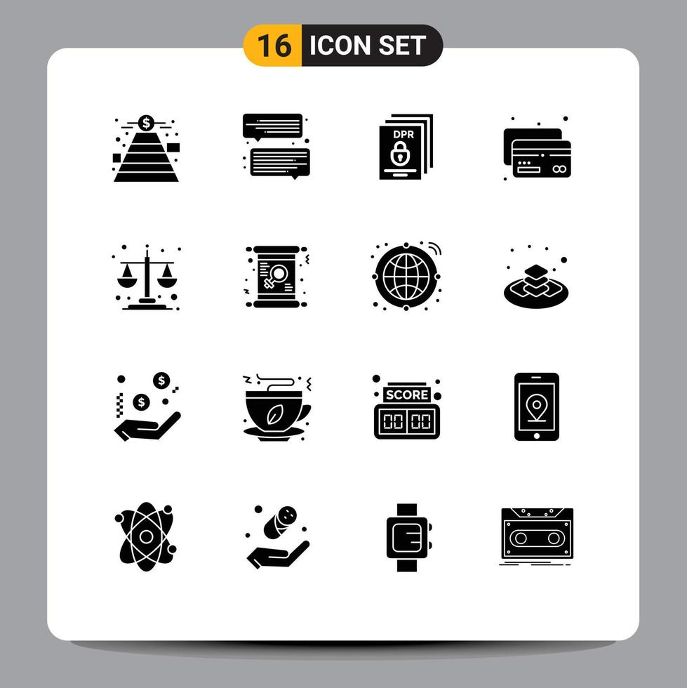 Mobile Interface Solid Glyph Set of 16 Pictograms of equality balance gdpr money card Editable Vector Design Elements