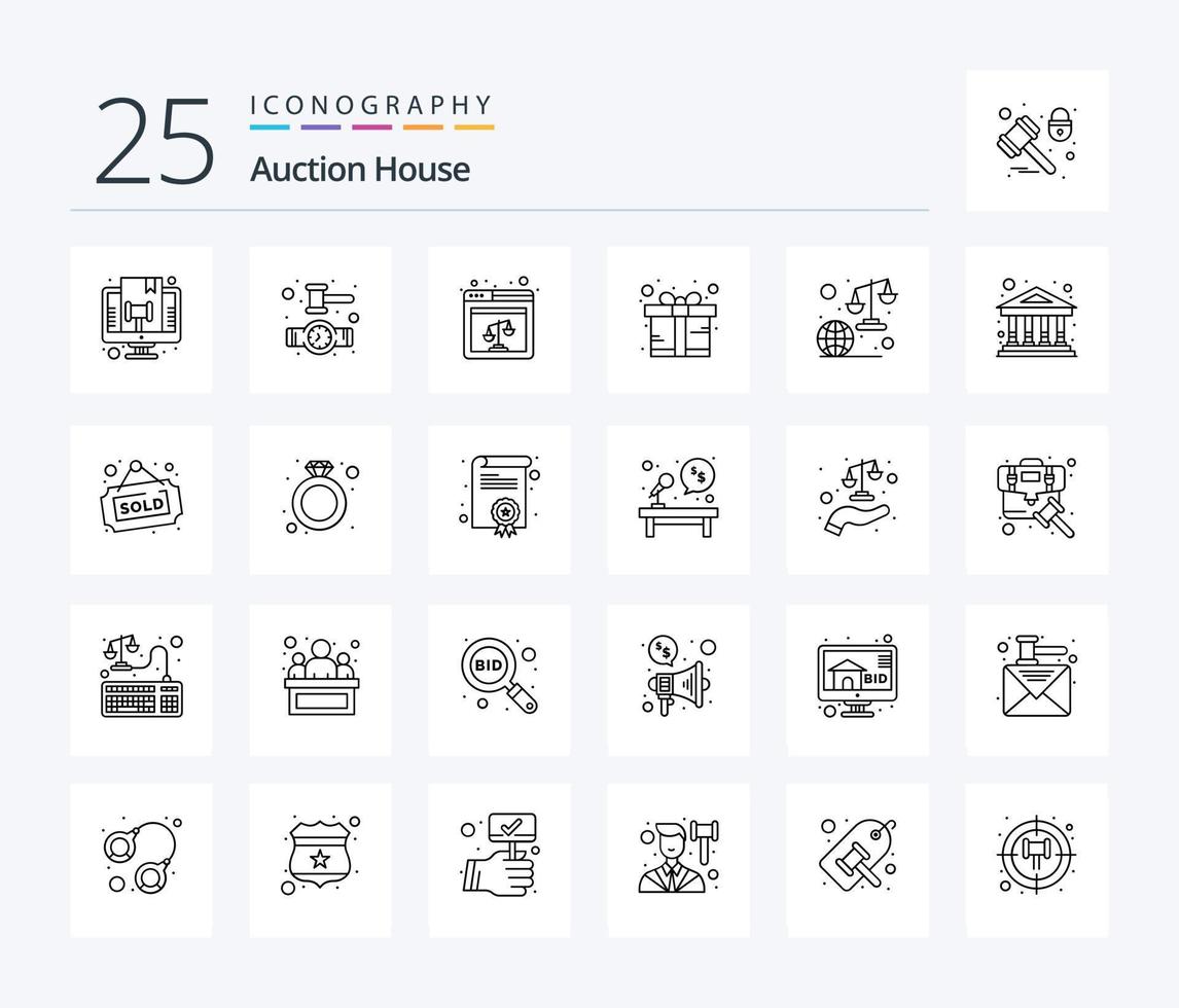 Auction 25 Line icon pack including judge. wrap. web. gift. law vector