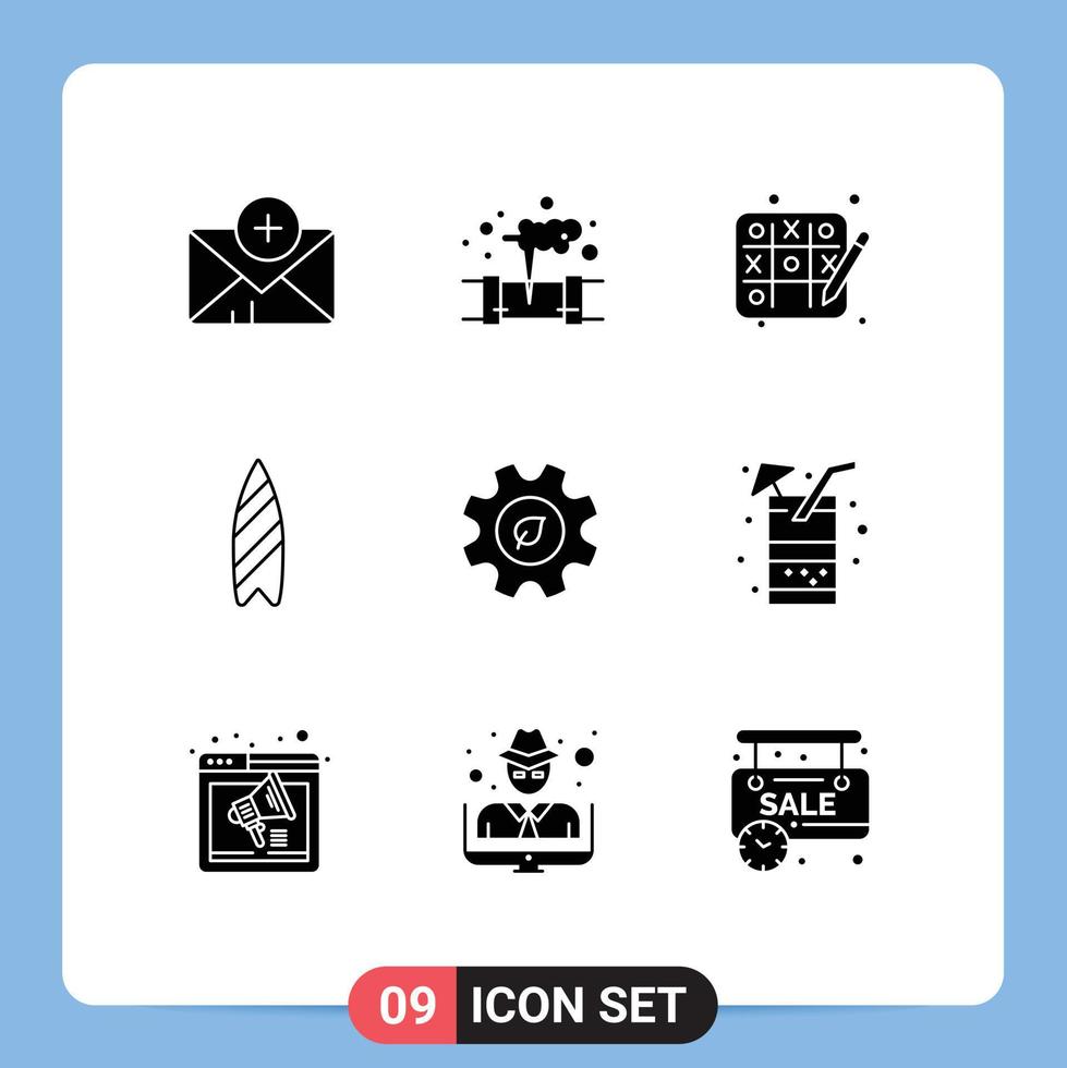 User Interface Pack of 9 Basic Solid Glyphs of environment ecology hobbies eco surfboard Editable Vector Design Elements