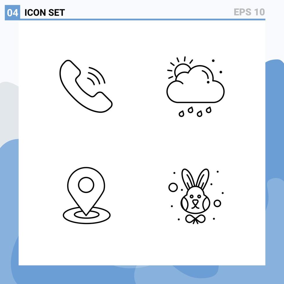 Pack of 4 creative Filledline Flat Colors of call pin cloud sun animal Editable Vector Design Elements