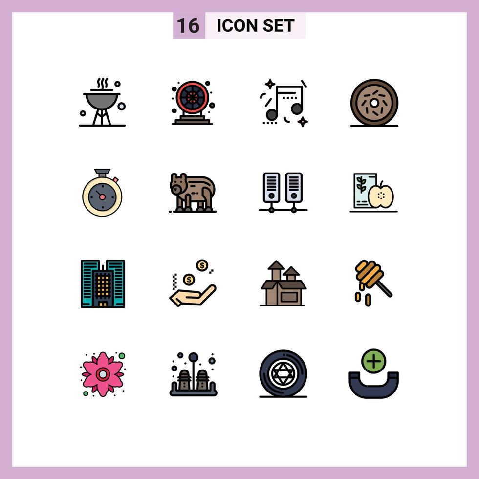 Universal Icon Symbols Group of 16 Modern Flat Color Filled Lines of time compass celebration sweet donut Editable Creative Vector Design Elements