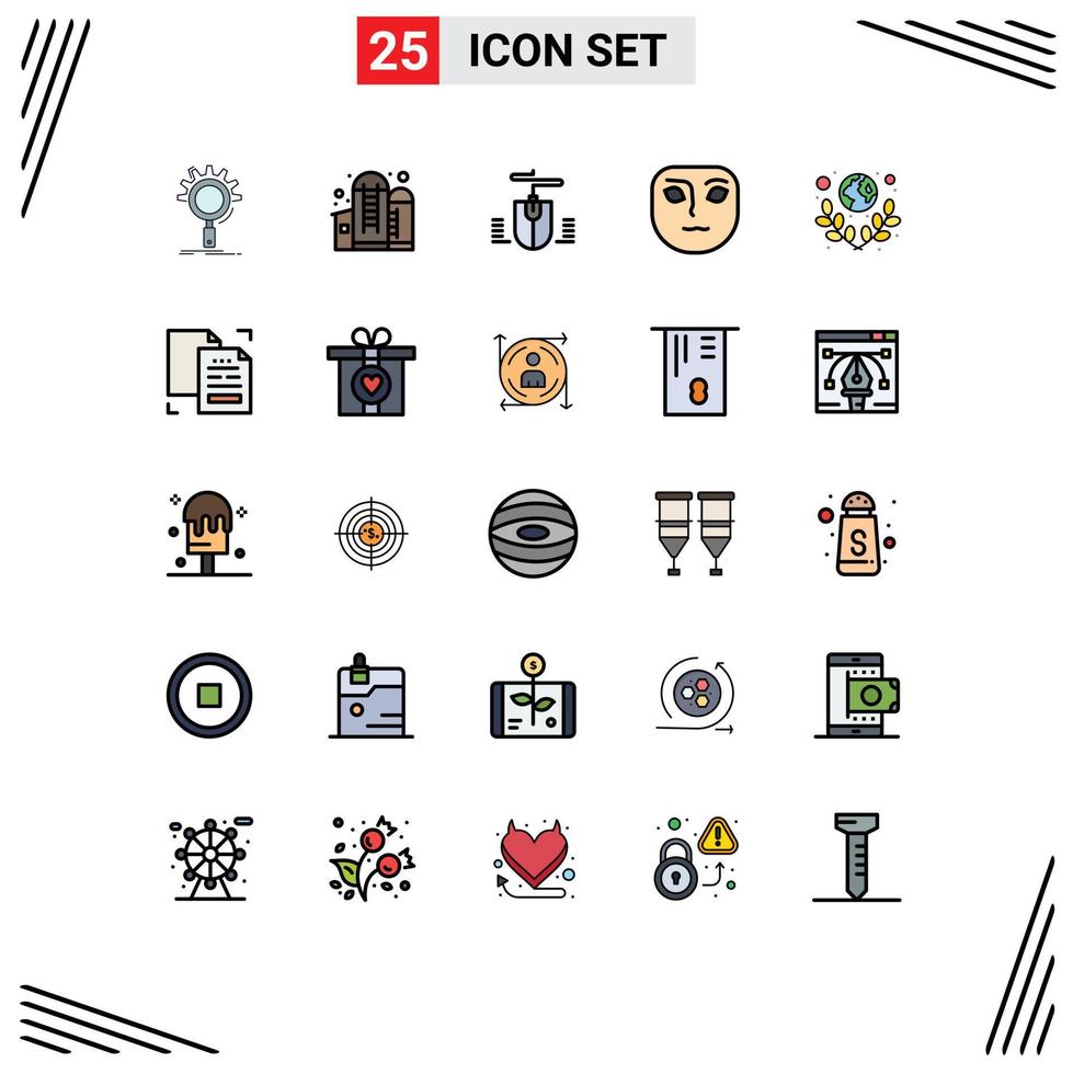 25 User Interface Filled line Flat Color Pack of modern Signs and Symbols of planet earth silo thoughtful emotion Editable Vector Design Elements