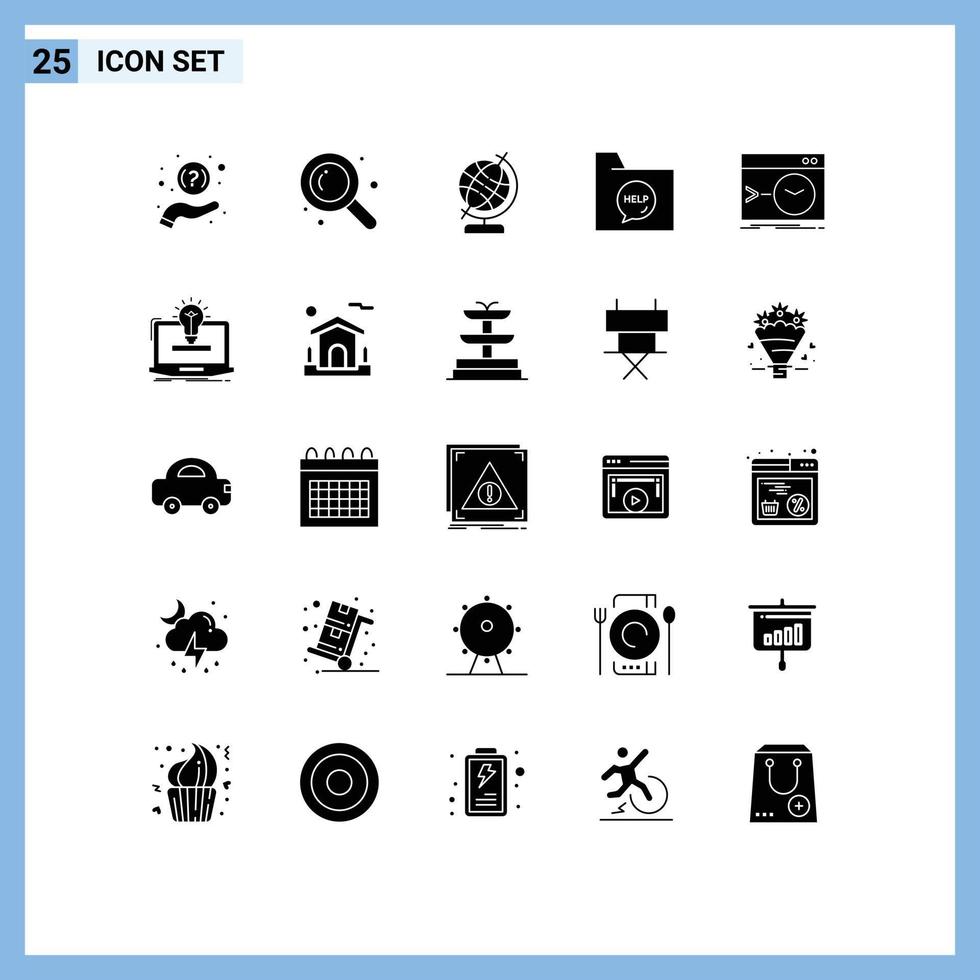 25 User Interface Solid Glyph Pack of modern Signs and Symbols of root admin geography help document Editable Vector Design Elements
