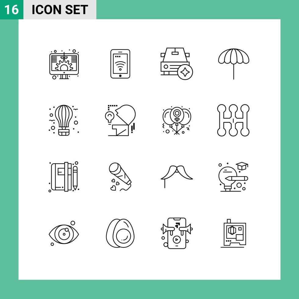 Universal Icon Symbols Group of 16 Modern Outlines of balloon wet car weather beach Editable Vector Design Elements