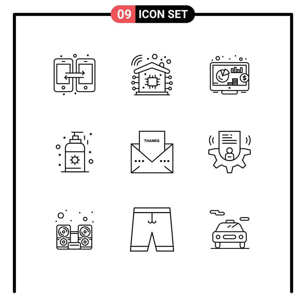 Modern Set of 9 Outlines Pictograph of thanksgiving message return letter sunscreen Editable Vector Design Elements