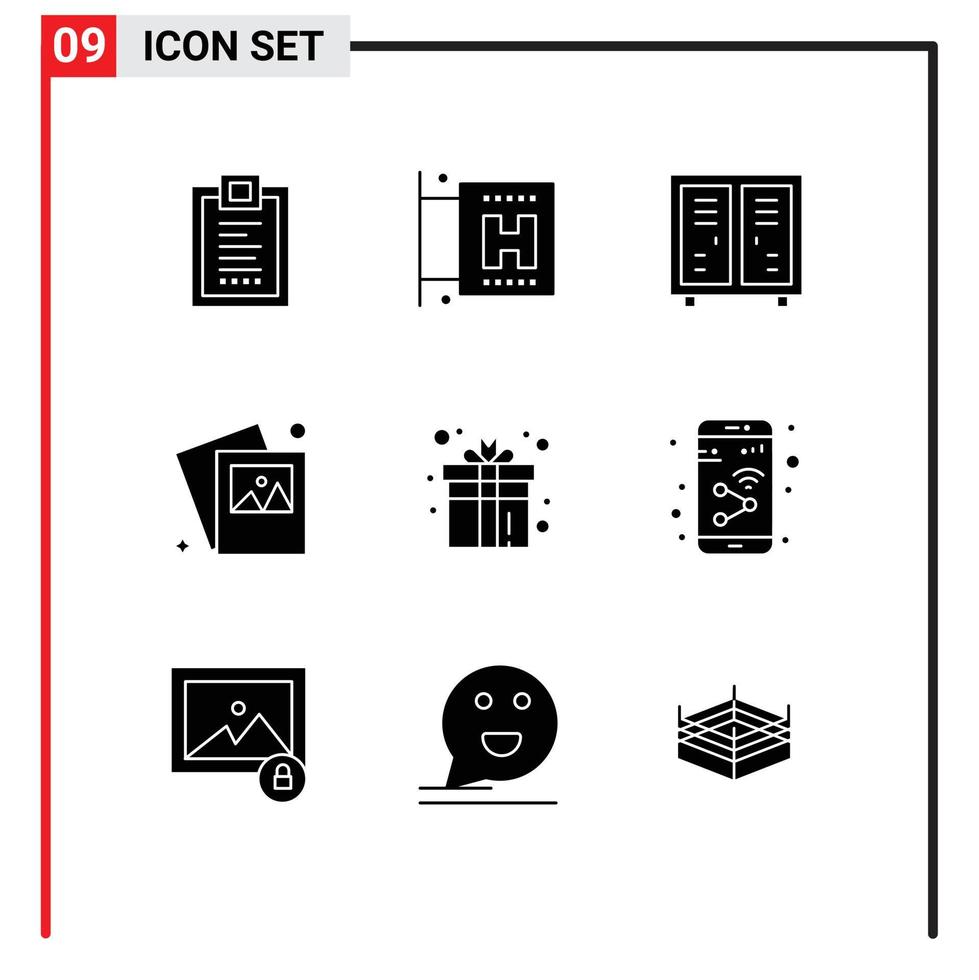 Group of 9 Modern Solid Glyphs Set for box photo activities image game Editable Vector Design Elements