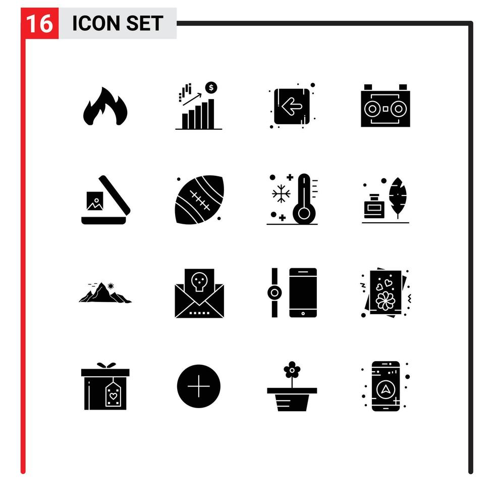 16 Universal Solid Glyphs Set for Web and Mobile Applications gallery sound recording arrow digital recording audio tape Editable Vector Design Elements