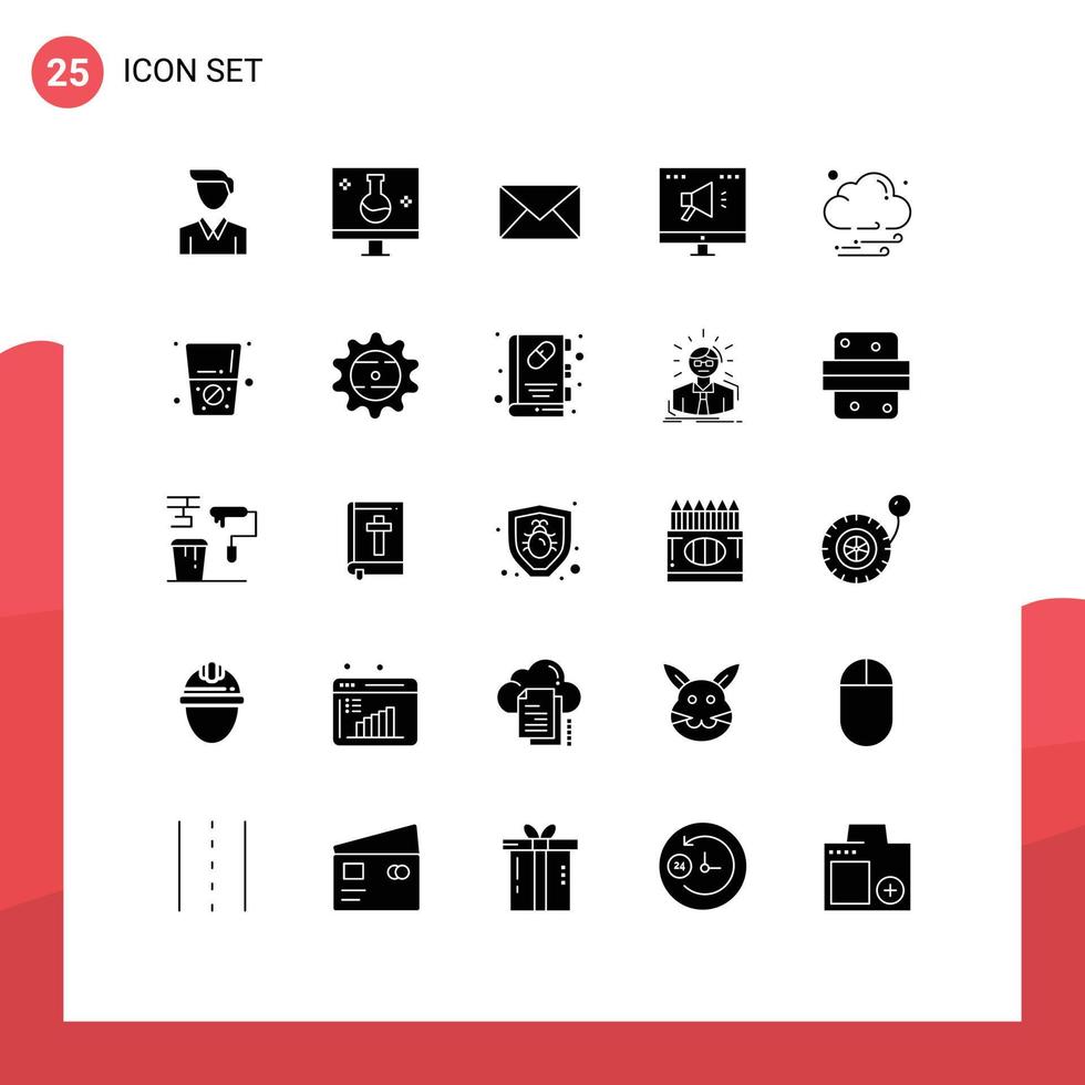 25 User Interface Solid Glyph Pack of modern Signs and Symbols of night online email marketing ad Editable Vector Design Elements