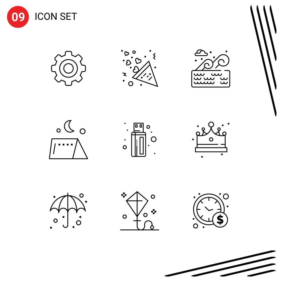 Pack of 9 Modern Outlines Signs and Symbols for Web Print Media such as connector travel water tent camping Editable Vector Design Elements