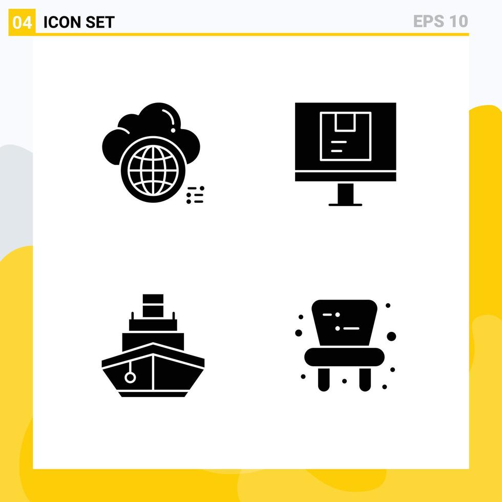 Group of 4 Solid Glyphs Signs and Symbols for cloud shipping world delivery filled Editable Vector Design Elements