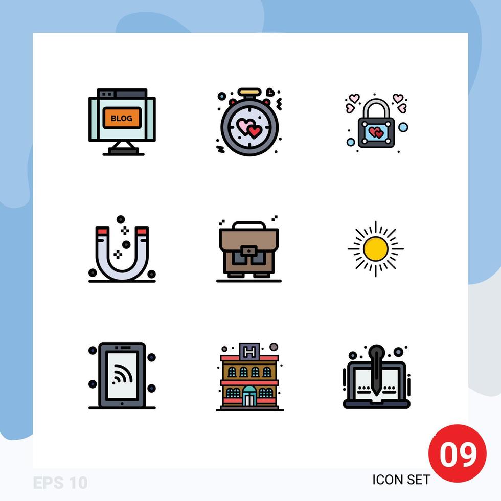 Universal Icon Symbols Group of 9 Modern Filledline Flat Colors of negative magnet romance attraction padlock Editable Vector Design Elements