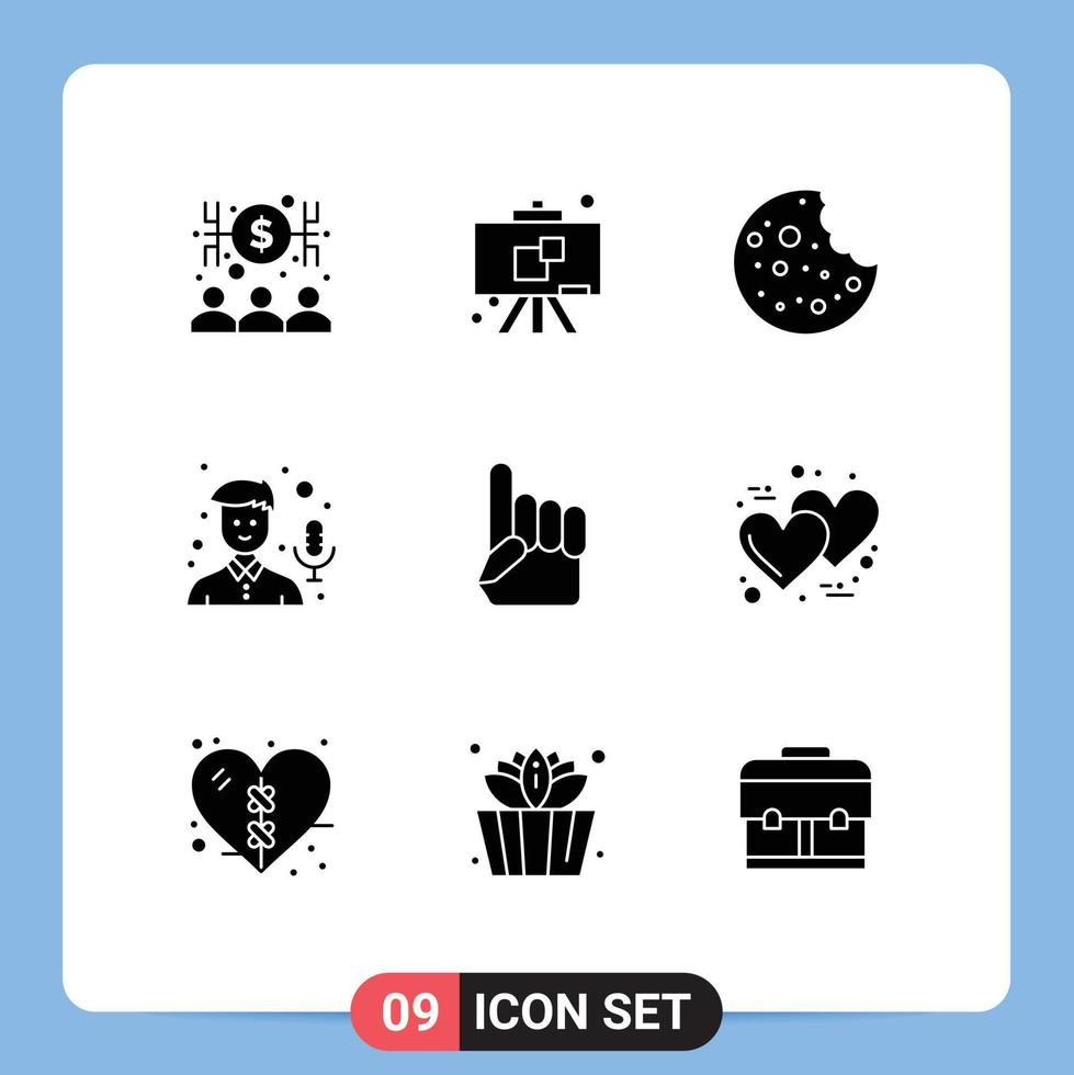 Modern Set of 9 Solid Glyphs Pictograph of american hand sausage foam hand microphone Editable Vector Design Elements