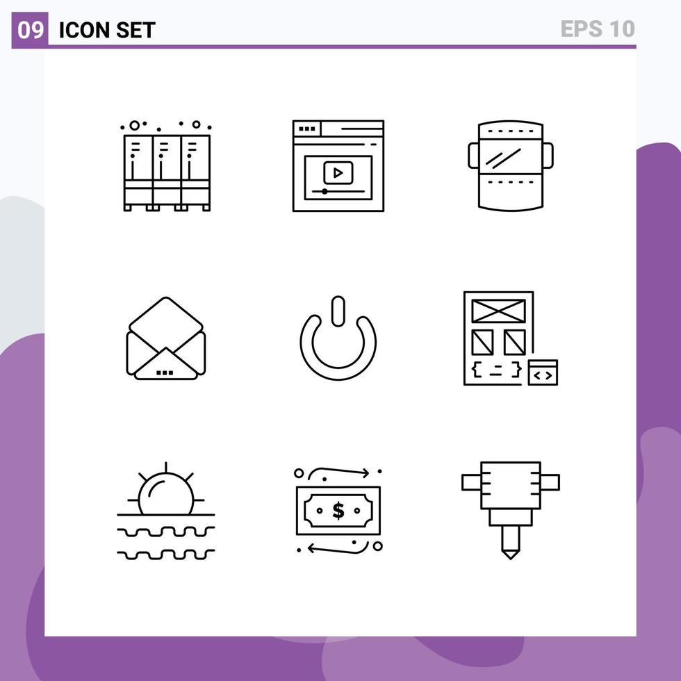 Pictogram Set of 9 Simple Outlines of off open video mail weld Editable Vector Design Elements