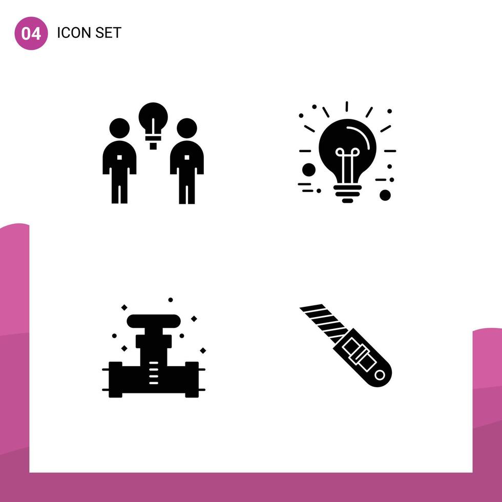 Pack of 4 creative Solid Glyphs of brainstorm mechanical team idea plumbing Editable Vector Design Elements