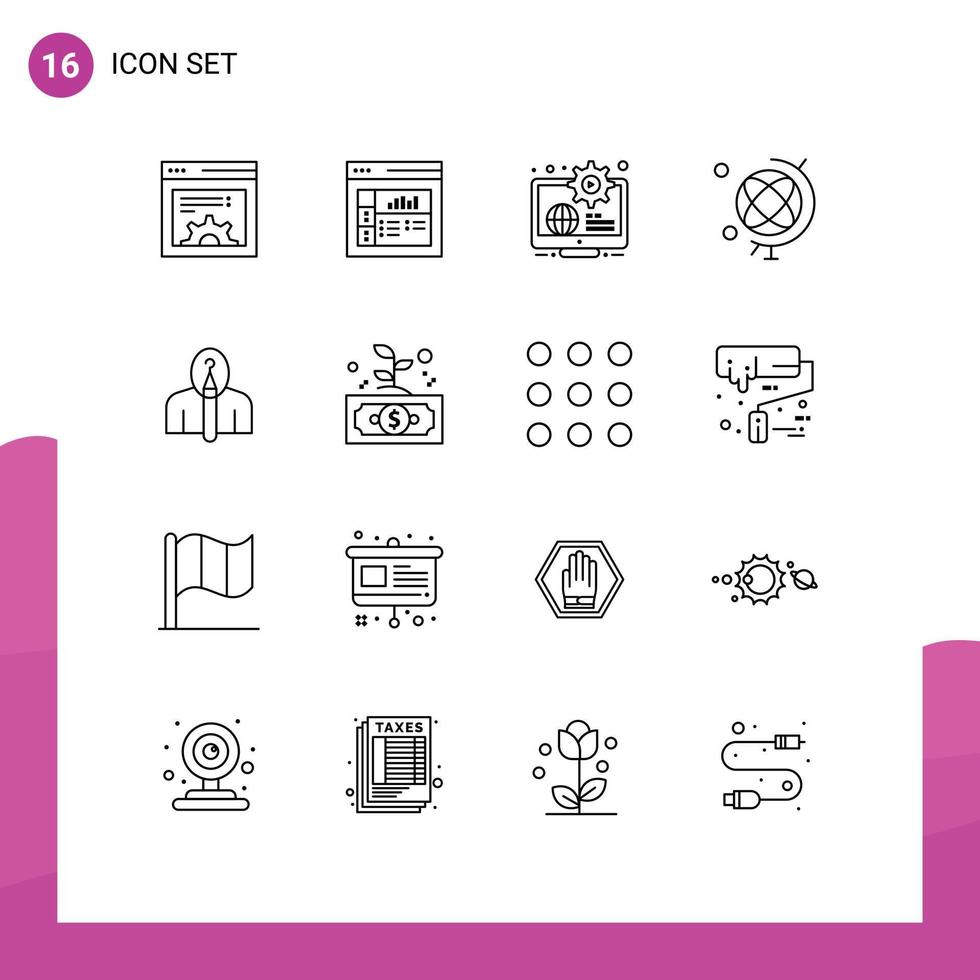 Pictogram Set of 16 Simple Outlines of authorship artist content anonymous geography Editable Vector Design Elements