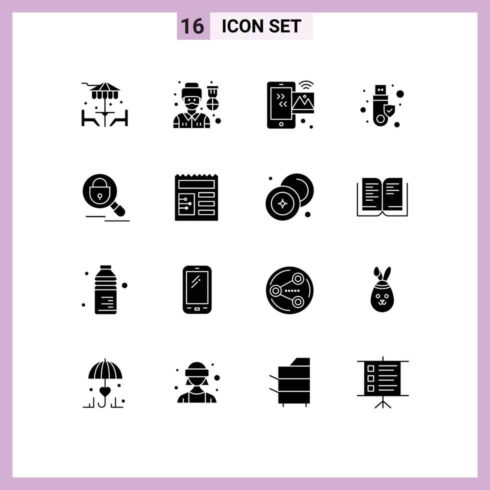 Set of 16 Commercial Solid Glyphs pack for search token image signature wifi Editable Vector Design Elements