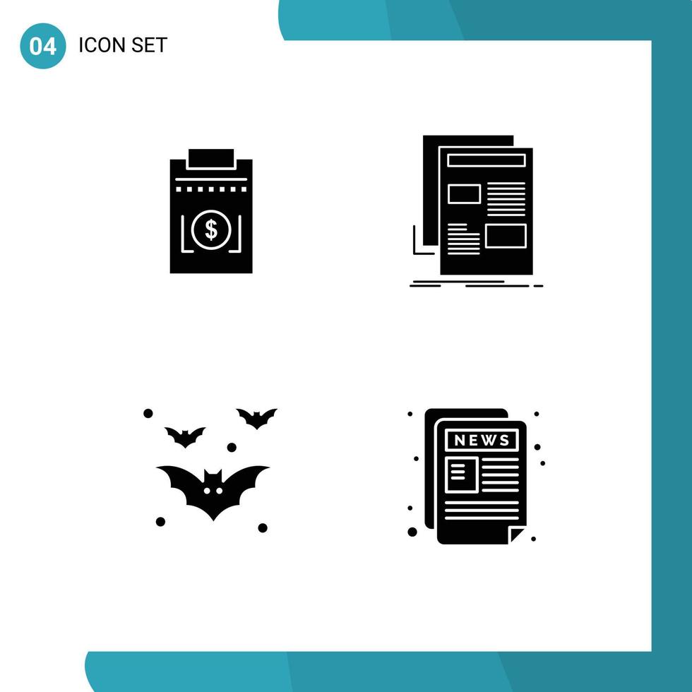 Set of 4 Commercial Solid Glyphs pack for expense bat money newspaper halloween Editable Vector Design Elements