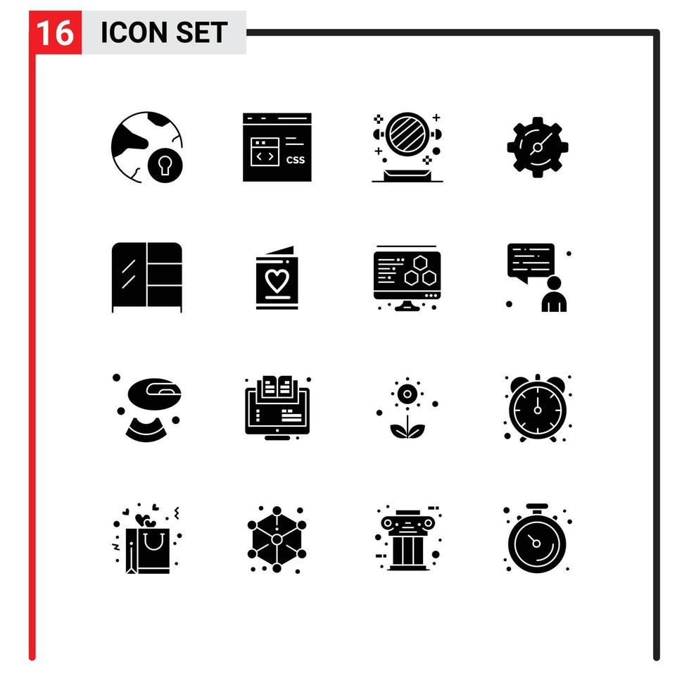 conjunto de pictogramas de 16 glifos sólidos simples de configuración de muebles desarrollar elementos de diseño vectorial editables de estantería de engranajes vector