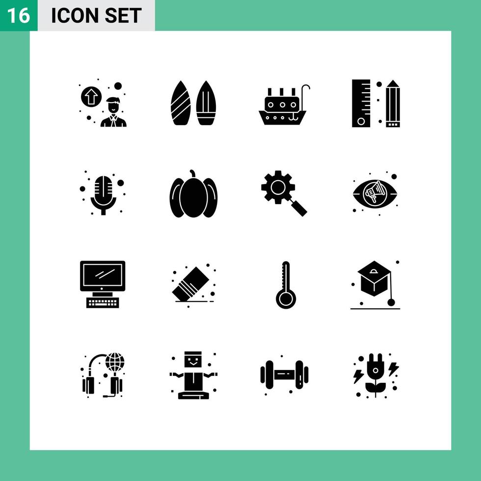 Pictogram Set of 16 Simple Solid Glyphs of microphone programing marine pencil design Editable Vector Design Elements