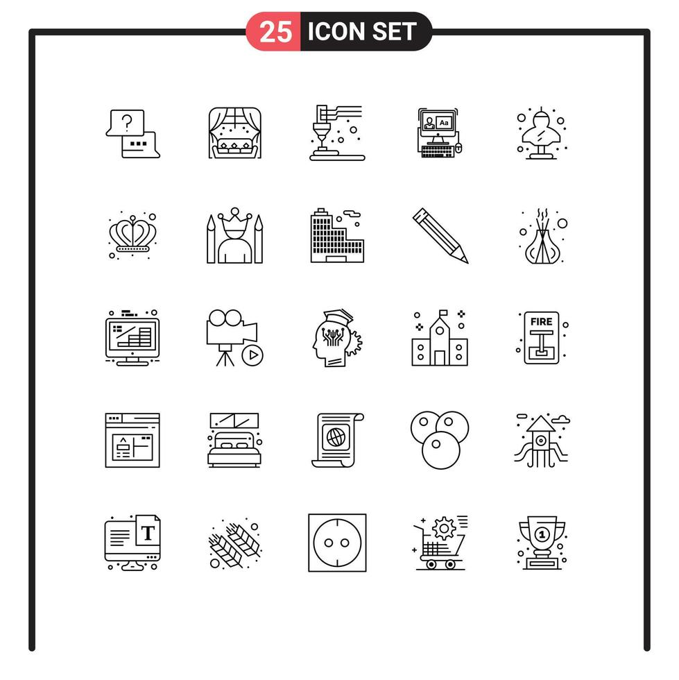 paquete de línea de 25 símbolos universales de edición de artefactos software de impresión elementos de diseño vectorial editables por computadora vector