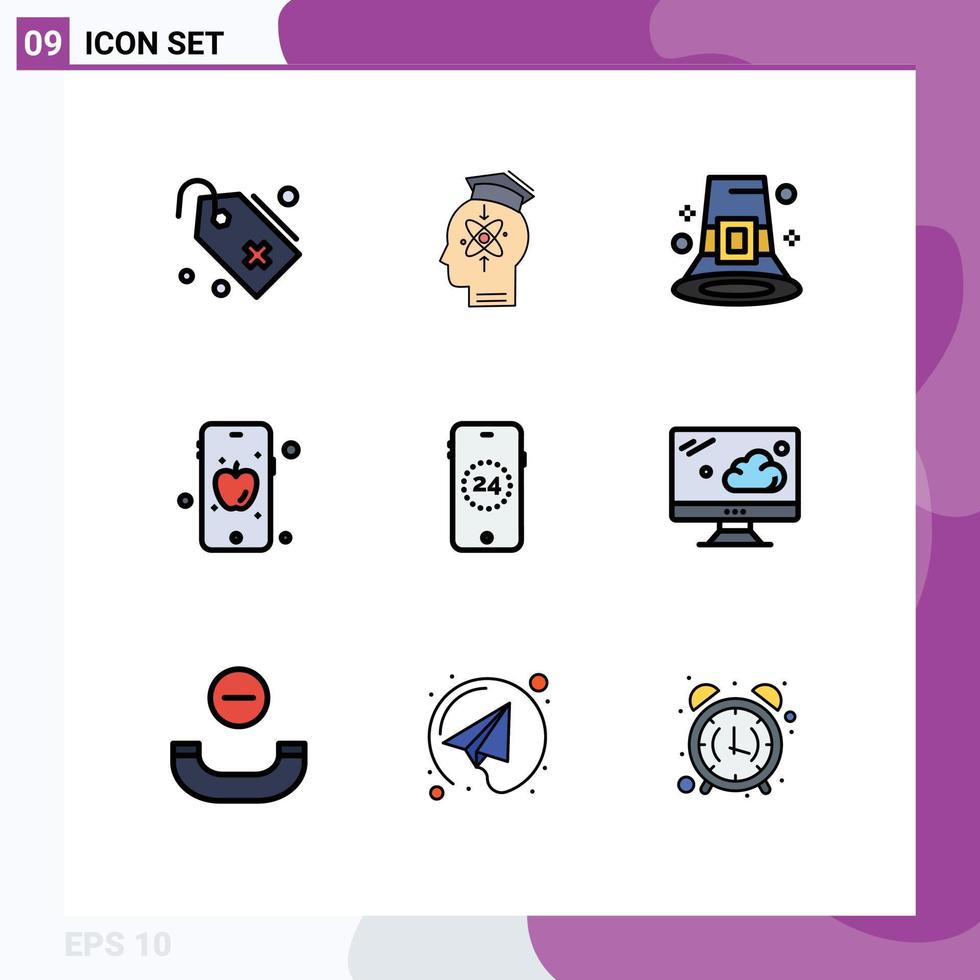9 User Interface Filledline Flat Color Pack of modern Signs and Symbols of ecommerce apple skill mobile hat Editable Vector Design Elements