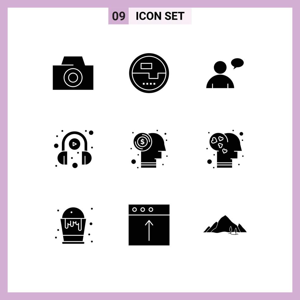 9 Universal Solid Glyph Signs Symbols of investment currency chatting brain learning Editable Vector Design Elements