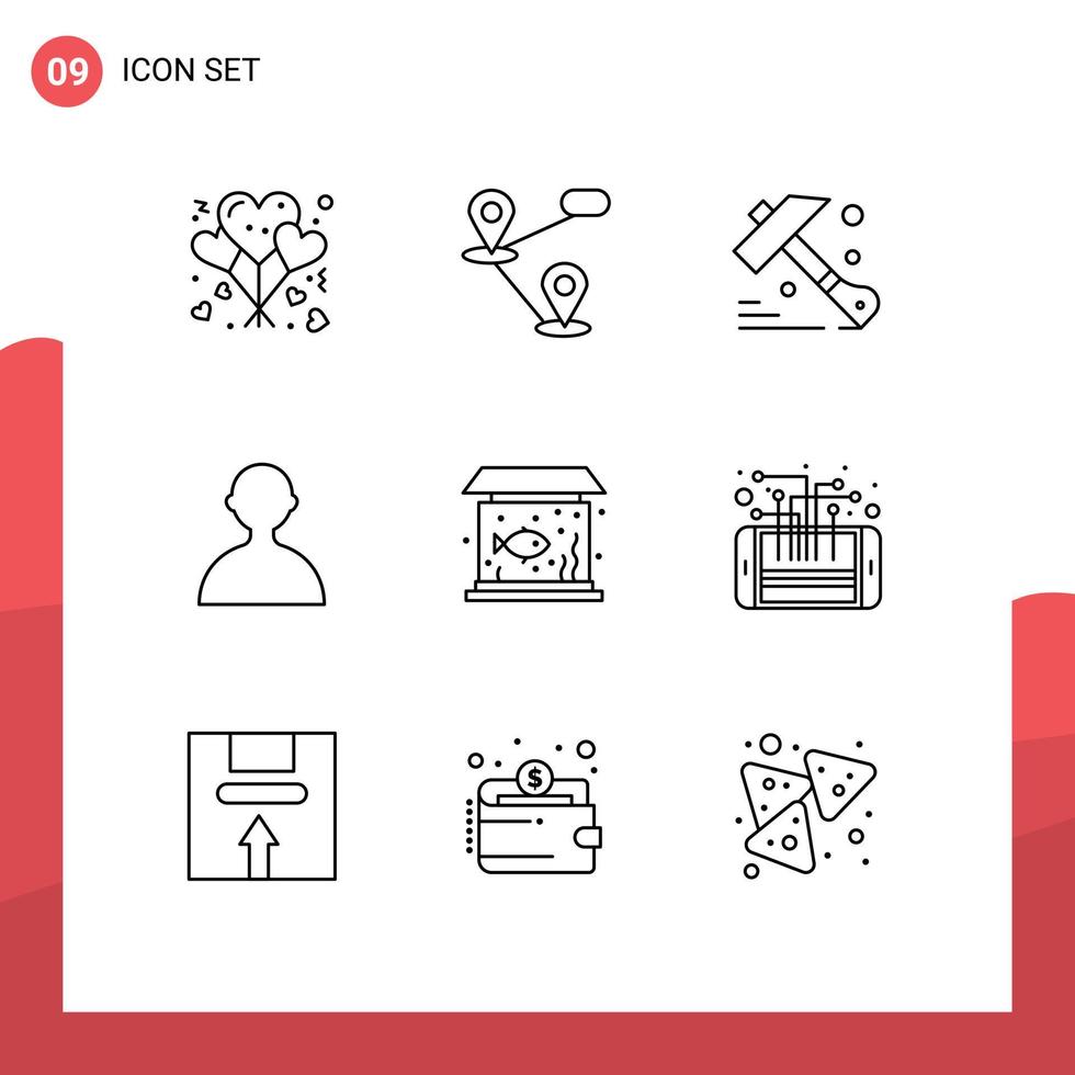 Modern Set of 9 Outlines Pictograph of circuit fish hammer living basic Editable Vector Design Elements