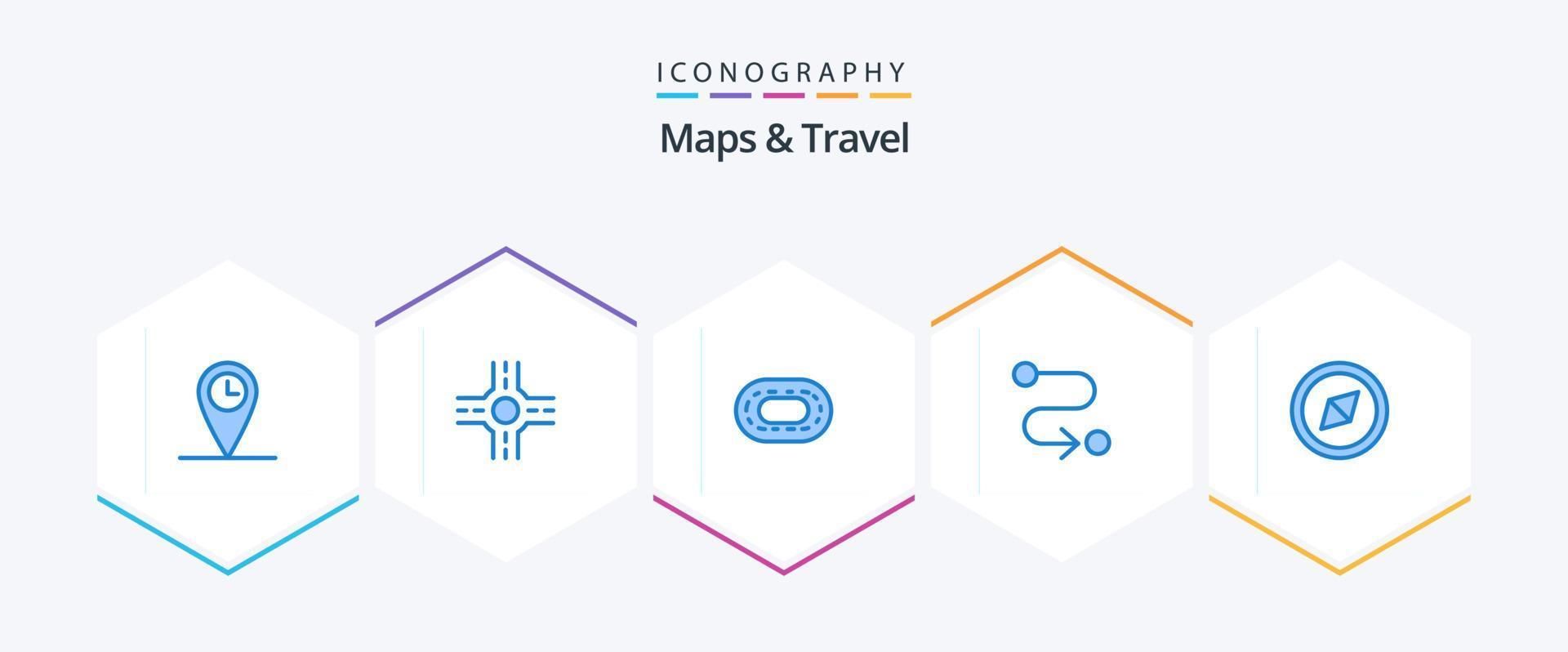 Paquete de 25 iconos azules de mapas y viajes que incluye . la carretera. vector