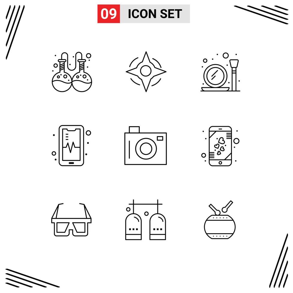 9 User Interface Outline Pack of modern Signs and Symbols of heart picnic mirror holiday beat Editable Vector Design Elements