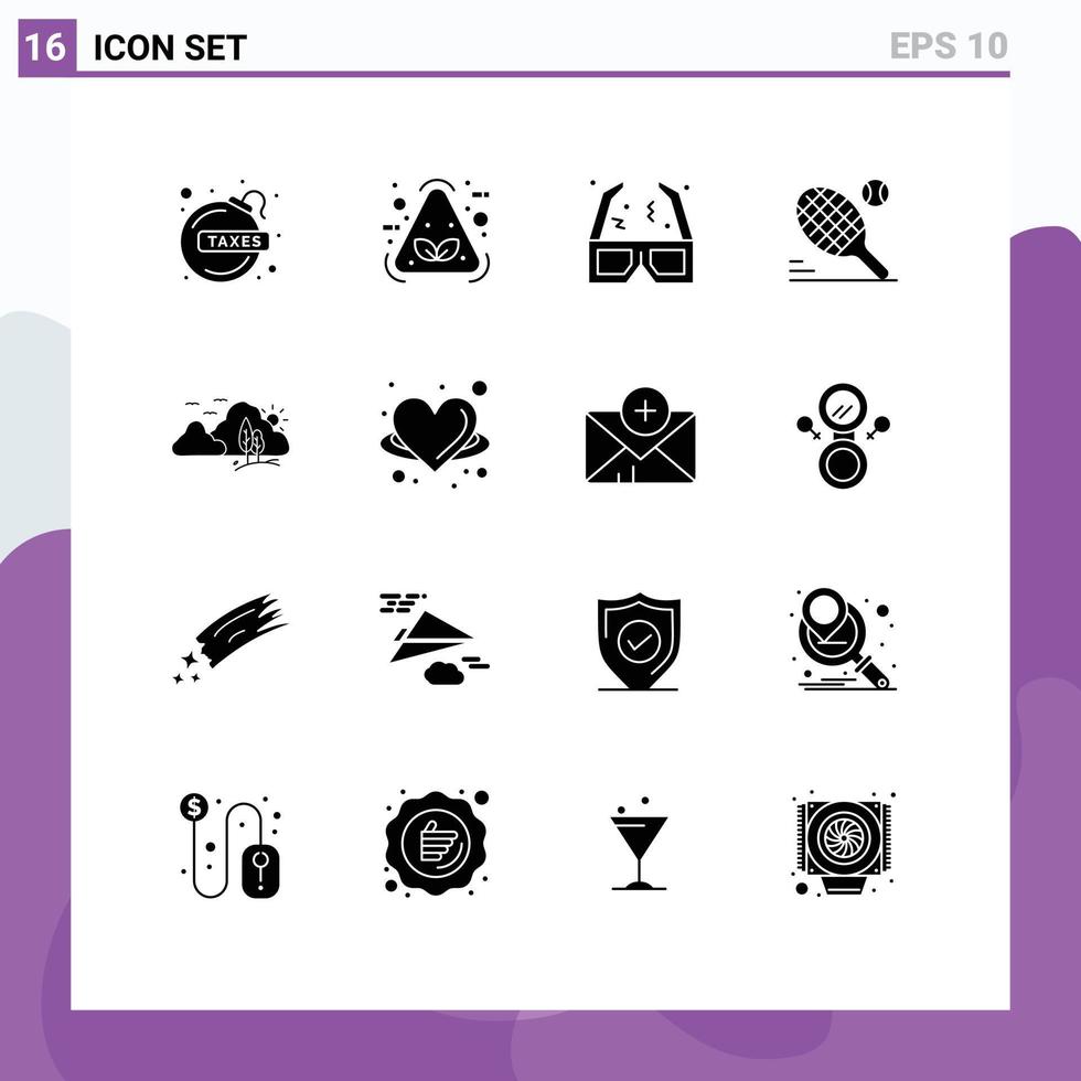 Modern Set of 16 Solid Glyphs Pictograph of landscape sport glasses racket tennis Editable Vector Design Elements