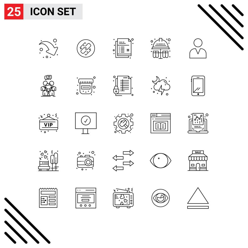 Mobile Interface Line Set of 25 Pictograms of man hard hat creative chemical test Editable Vector Design Elements