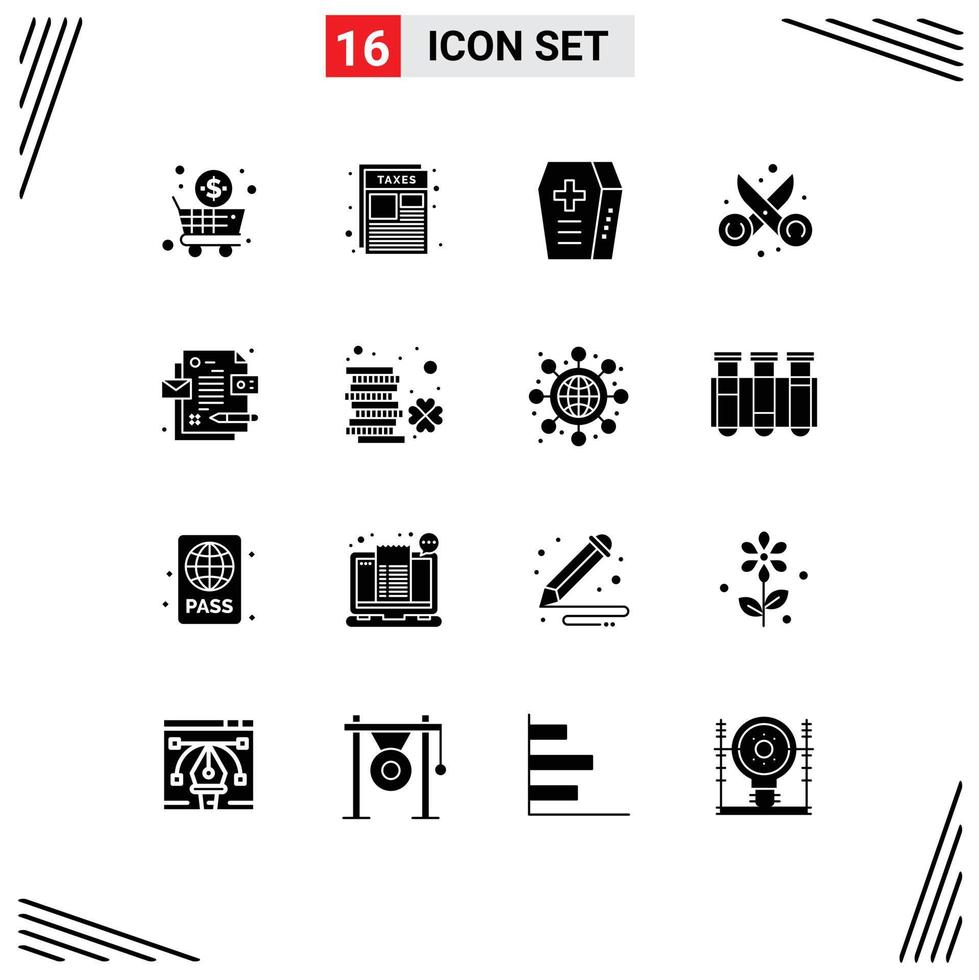16 Universal Solid Glyphs Set for Web and Mobile Applications design art coffin scissor cut Editable Vector Design Elements
