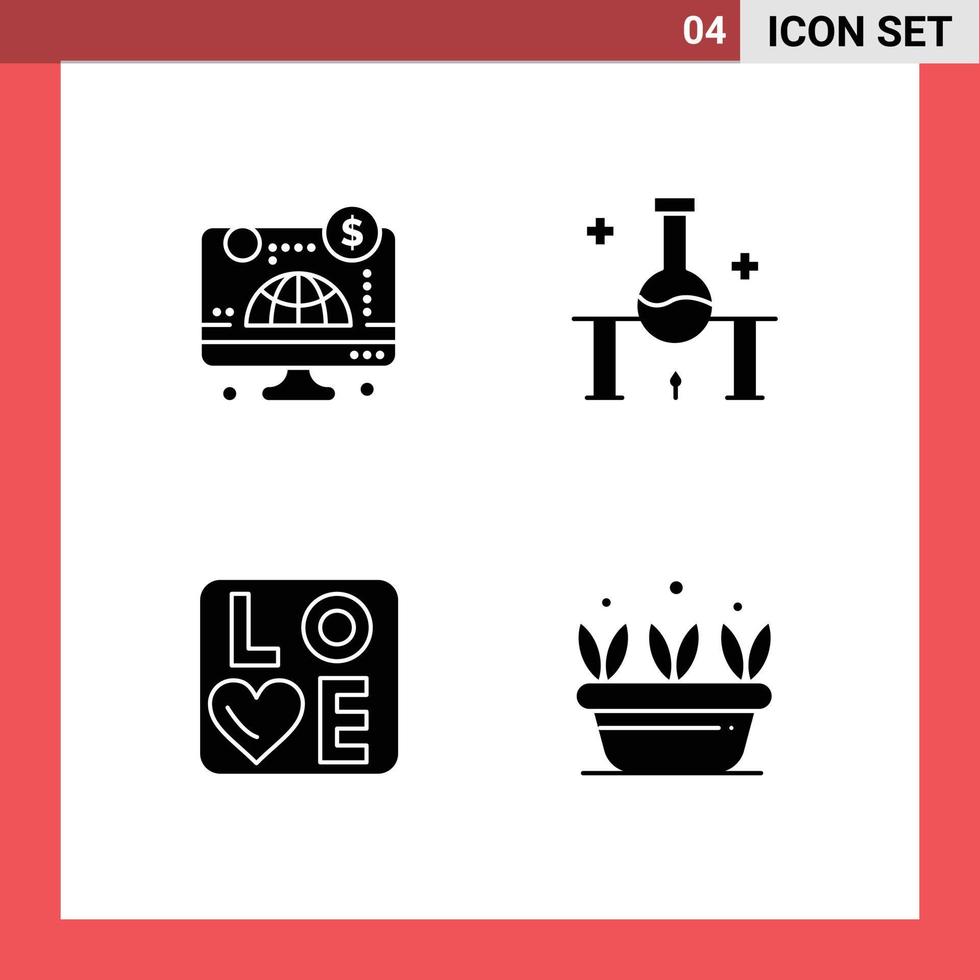 4 Thematic Vector Solid Glyphs and Editable Symbols of computer sign money science heart Editable Vector Design Elements