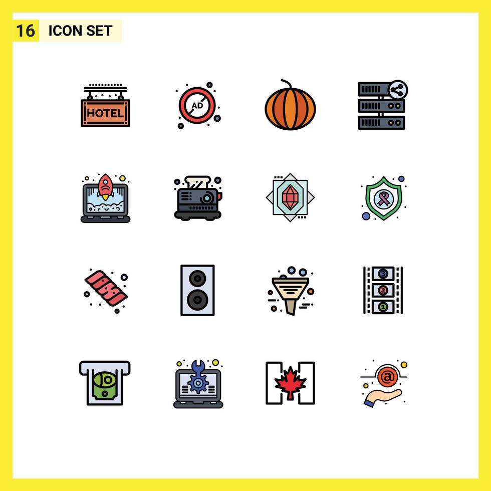 paquete de líneas rellenas de color plano de 16 símbolos universales del servidor de protección web de cohetes que comparten elementos de diseño de vectores creativos editables