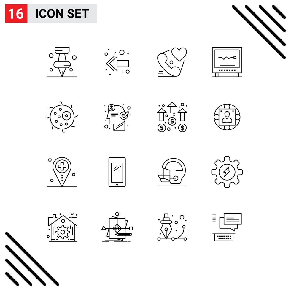 Group of 16 Modern Outlines Set for biology hospital heart heartbeat cardiology Editable Vector Design Elements