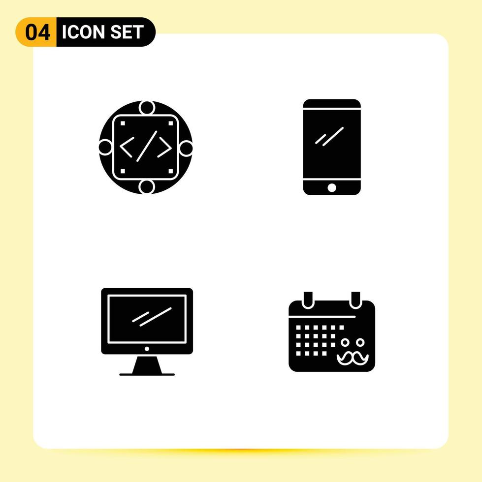conjunto de 4 glifos sólidos vectoriales en la cuadrícula para la gestión del código iphone monitor de teléfono inteligente elementos de diseño vectorial editables vector