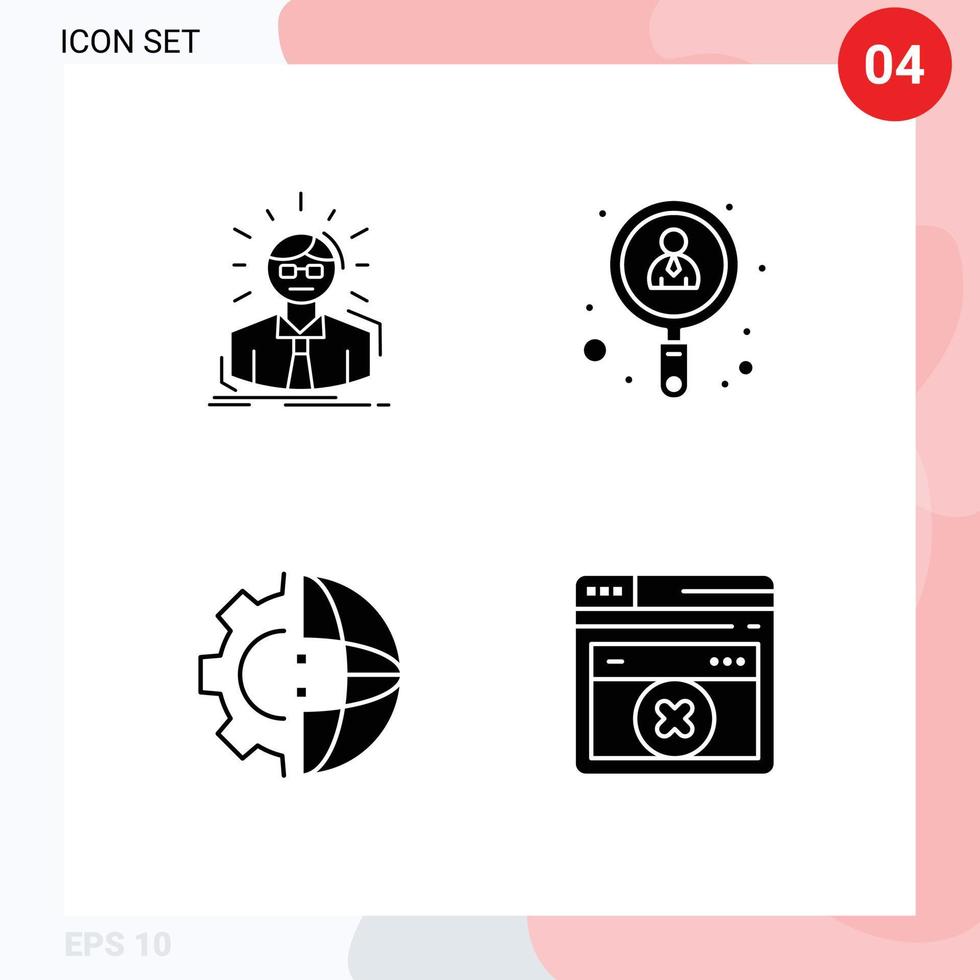4 Universal Solid Glyph Signs Symbols of manager development person search international Editable Vector Design Elements