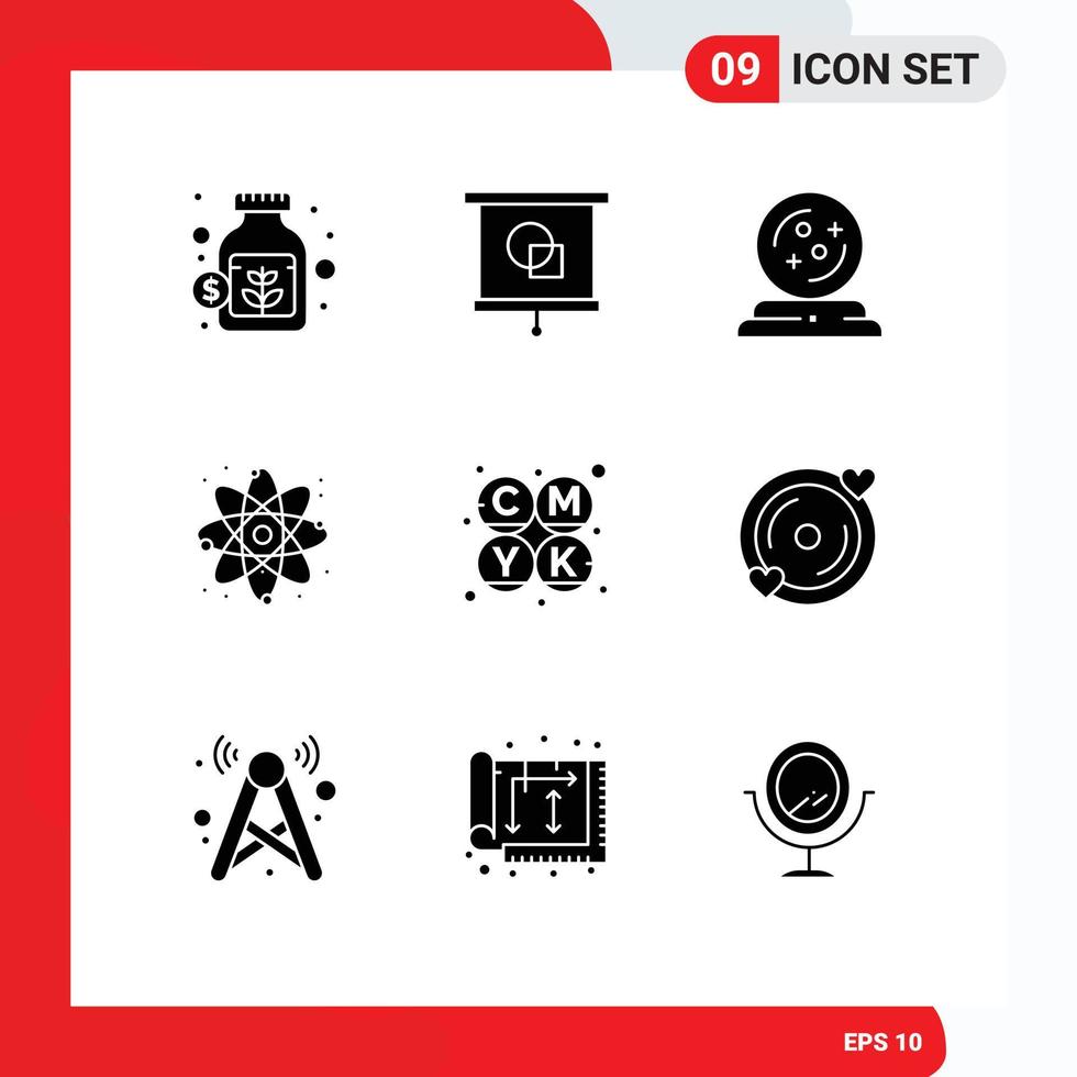 Pack of 9 Modern Solid Glyphs Signs and Symbols for Web Print Media such as color lab halloween power atom Editable Vector Design Elements