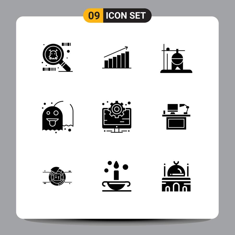 User Interface Pack of 9 Basic Solid Glyphs of computer fun healthcare play ghost Editable Vector Design Elements