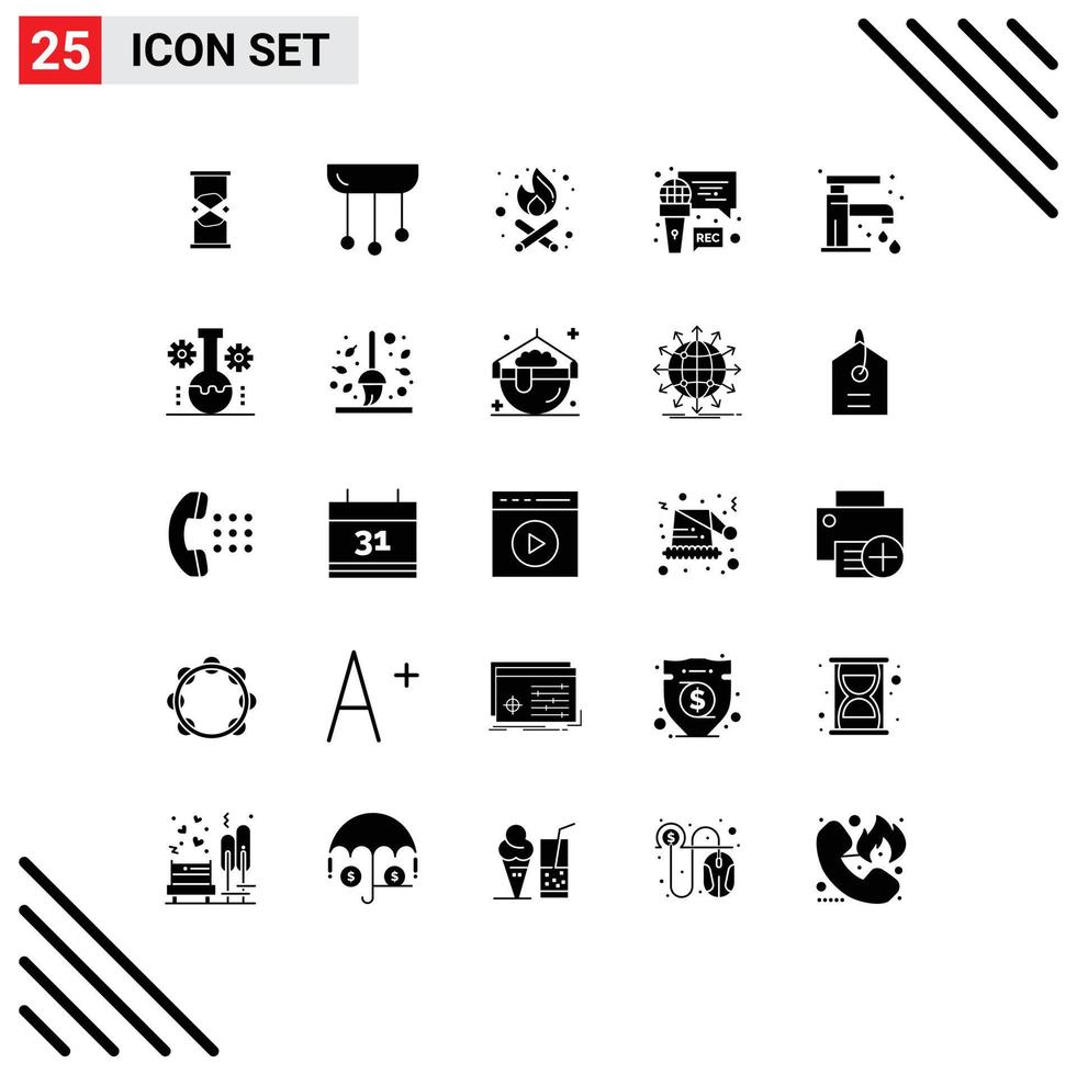 Modern Set of 25 Solid Glyphs and symbols such as bathroom recording interior microphone party time Editable Vector Design Elements