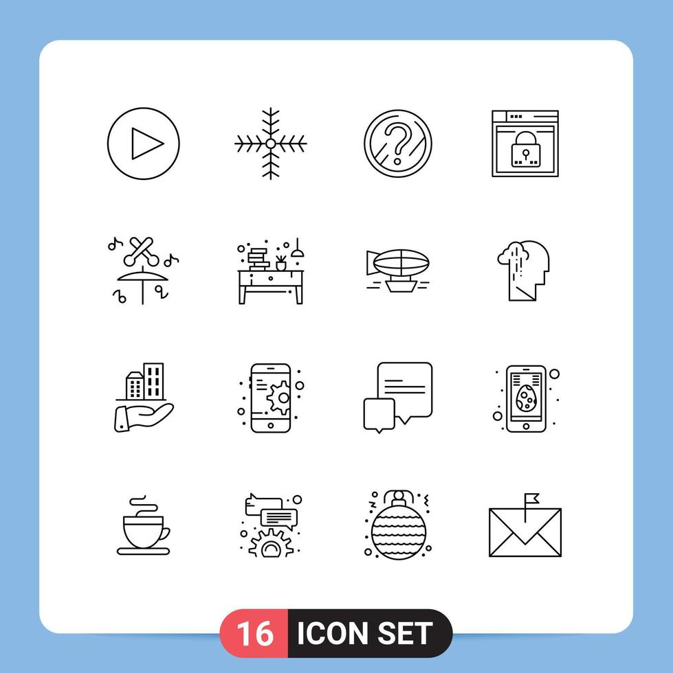 Pack of 16 Modern Outlines Signs and Symbols for Web Print Media such as music lock problem passward web Editable Vector Design Elements