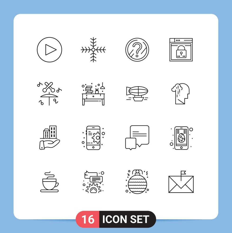 paquete de 16 signos y símbolos de contornos modernos para medios de impresión web, como el problema de bloqueo de música, elementos de diseño de vectores editables web passward