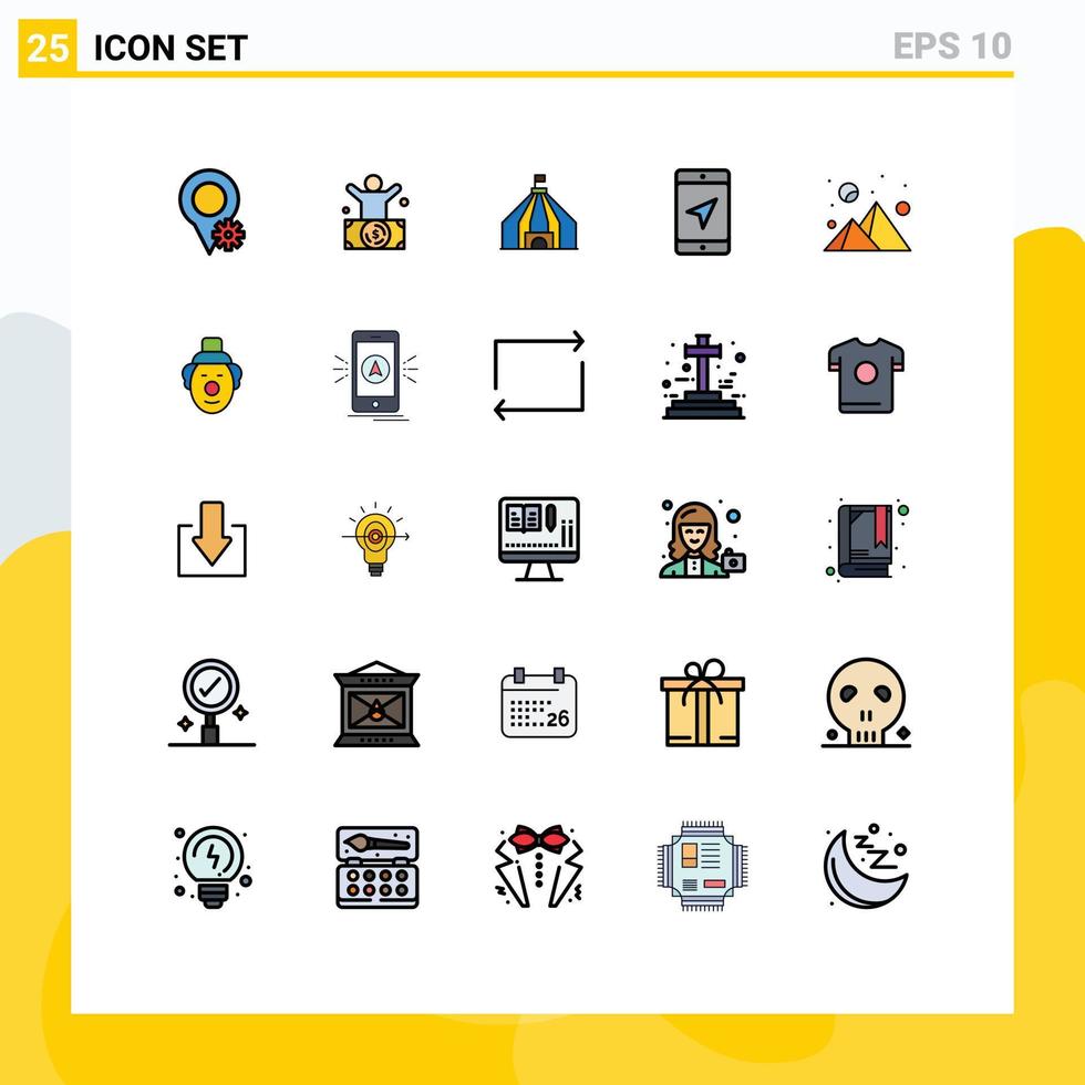 grupo de 25 signos y símbolos de colores planos de línea rellena para elementos de diseño de vectores editables de ubicación de servicio de tant nublado al atardecer