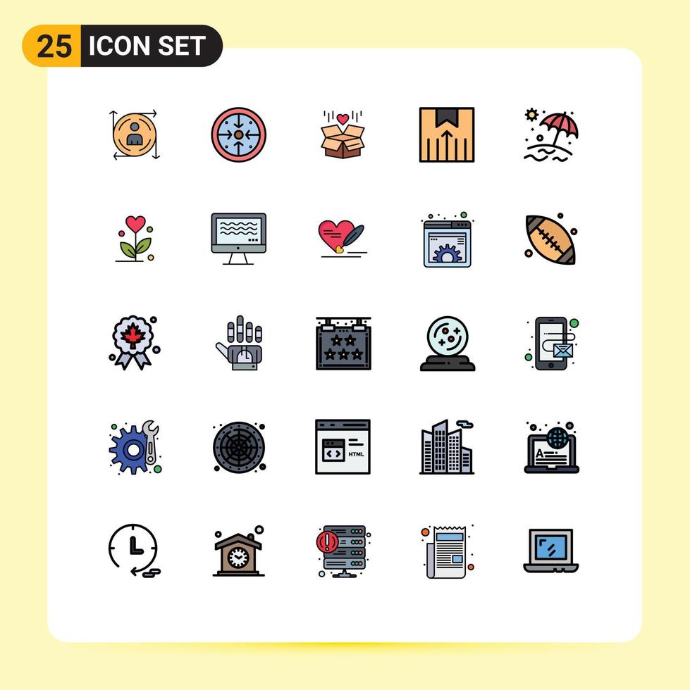 grupo de 25 signos y símbolos de colores planos de línea rellena para los servicios de envío de playa procesan elementos de diseño de vectores editables sorpresa logística